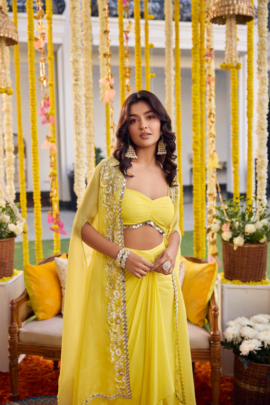 SUNSHINE YELLOW DRAPE SKIRT WITH CAPE SET