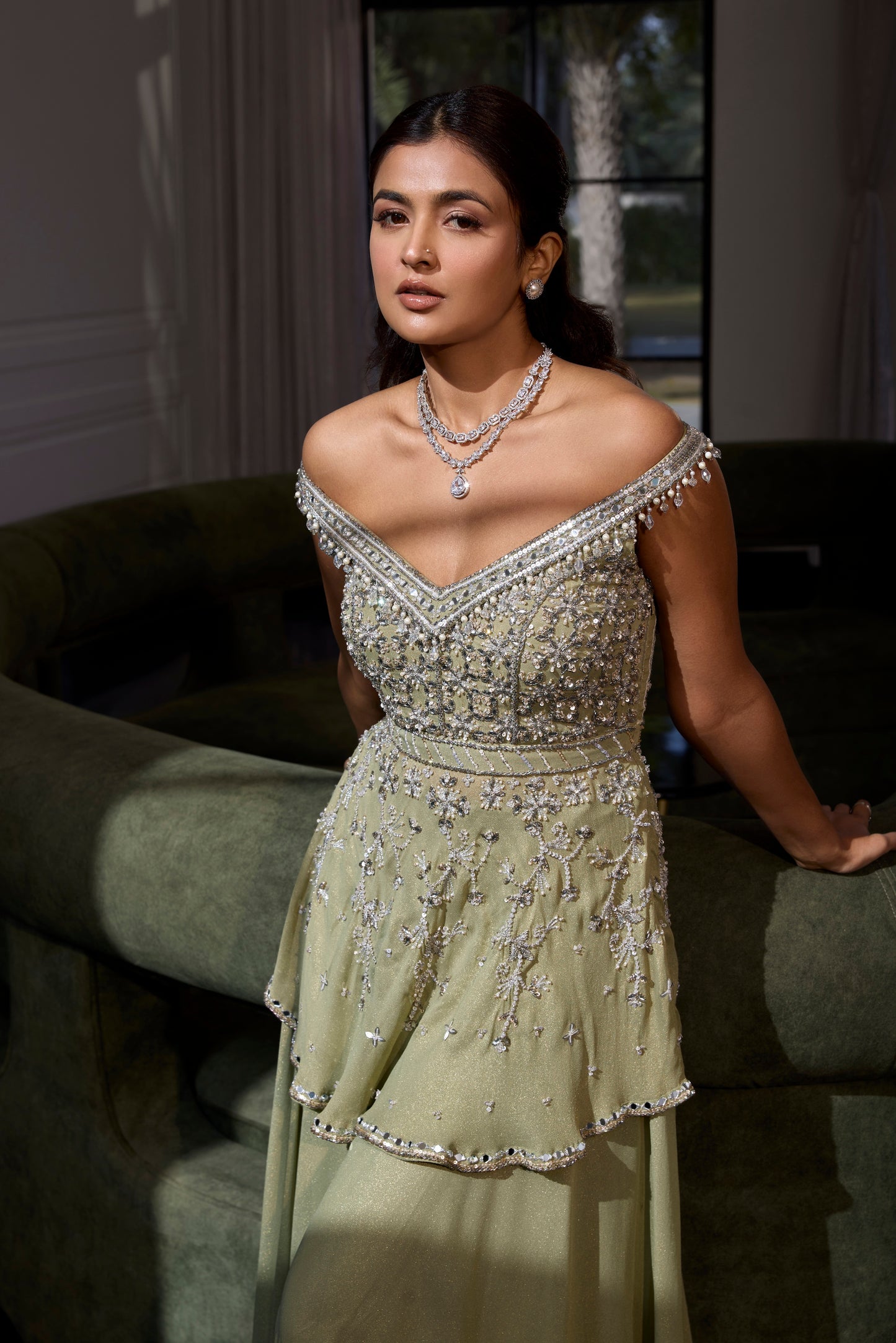 SAGE GREEN OFF SHOULDER PEPLUM SET