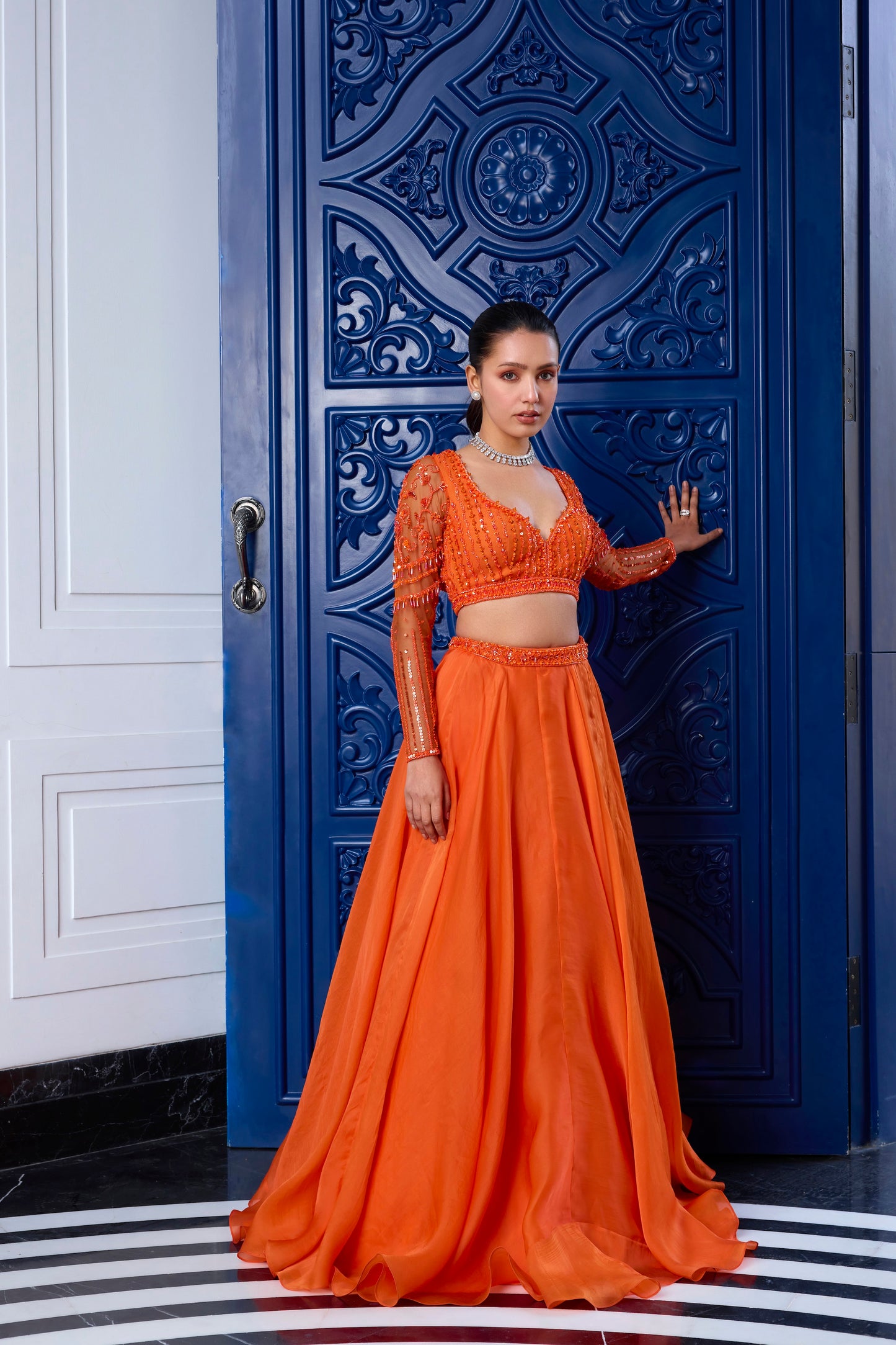 ORANGE TONAL BLOUSE AND ORGANZA SKIRT SET