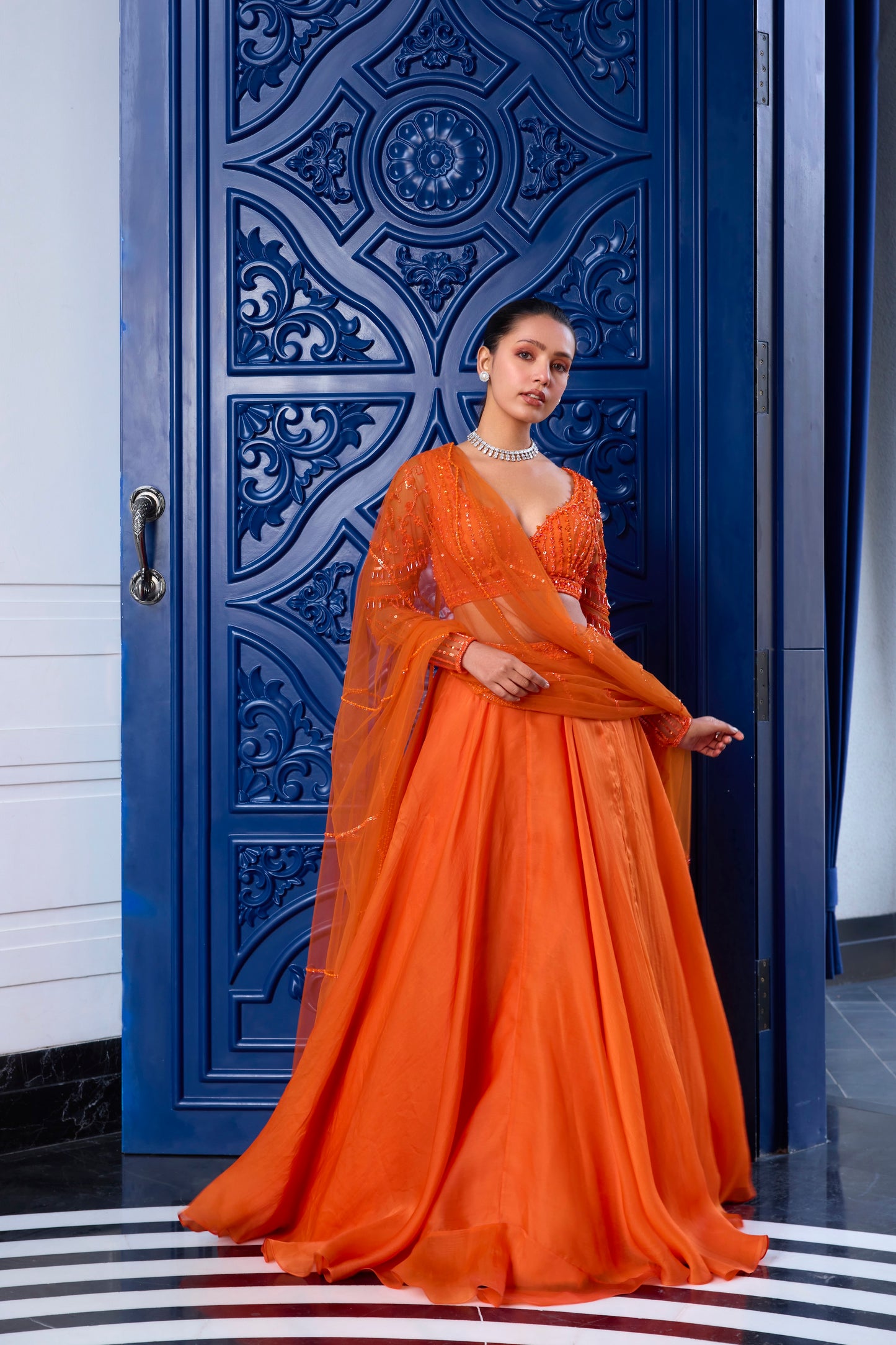 ORANGE TONAL BLOUSE AND ORGANZA SKIRT SET