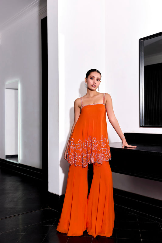 ORANGE FLORAL EMBROIDERY TOP AND PANTS SET