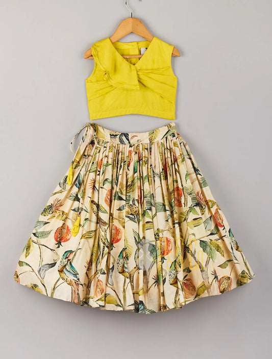 Stylish Lime Green Blouse & Leaf Pleated Lehenga