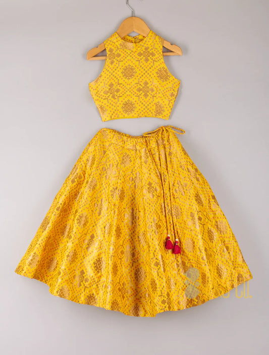 Yellow Brocade Top With Lehenga