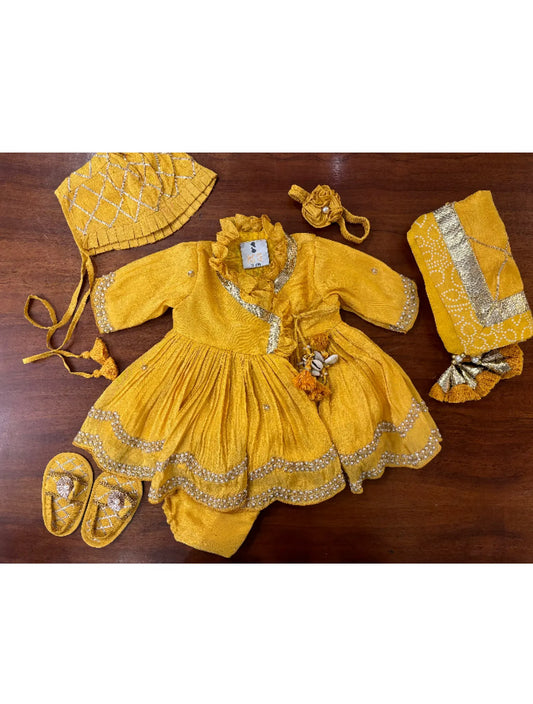 Yellow Moti Line Angrakha Jaamna Set Girls