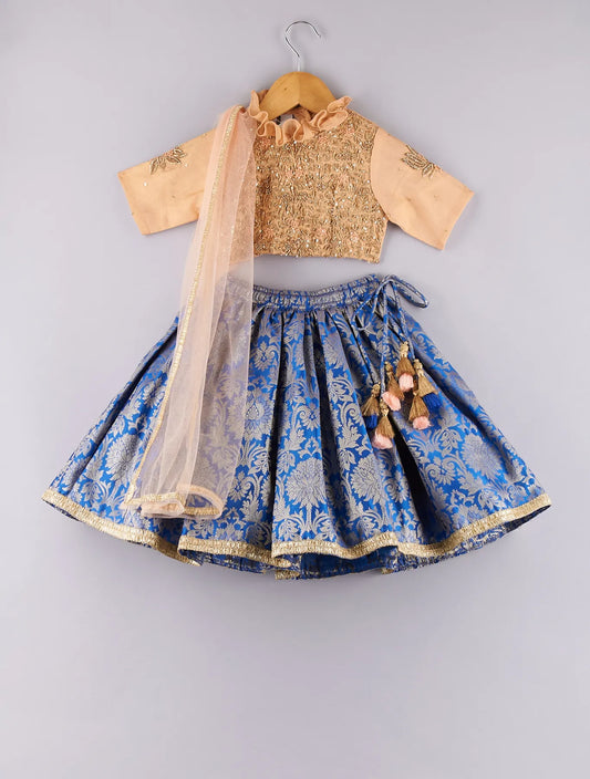 Zari And Sequin Work Top With Brocade Lehenga And Dupatta