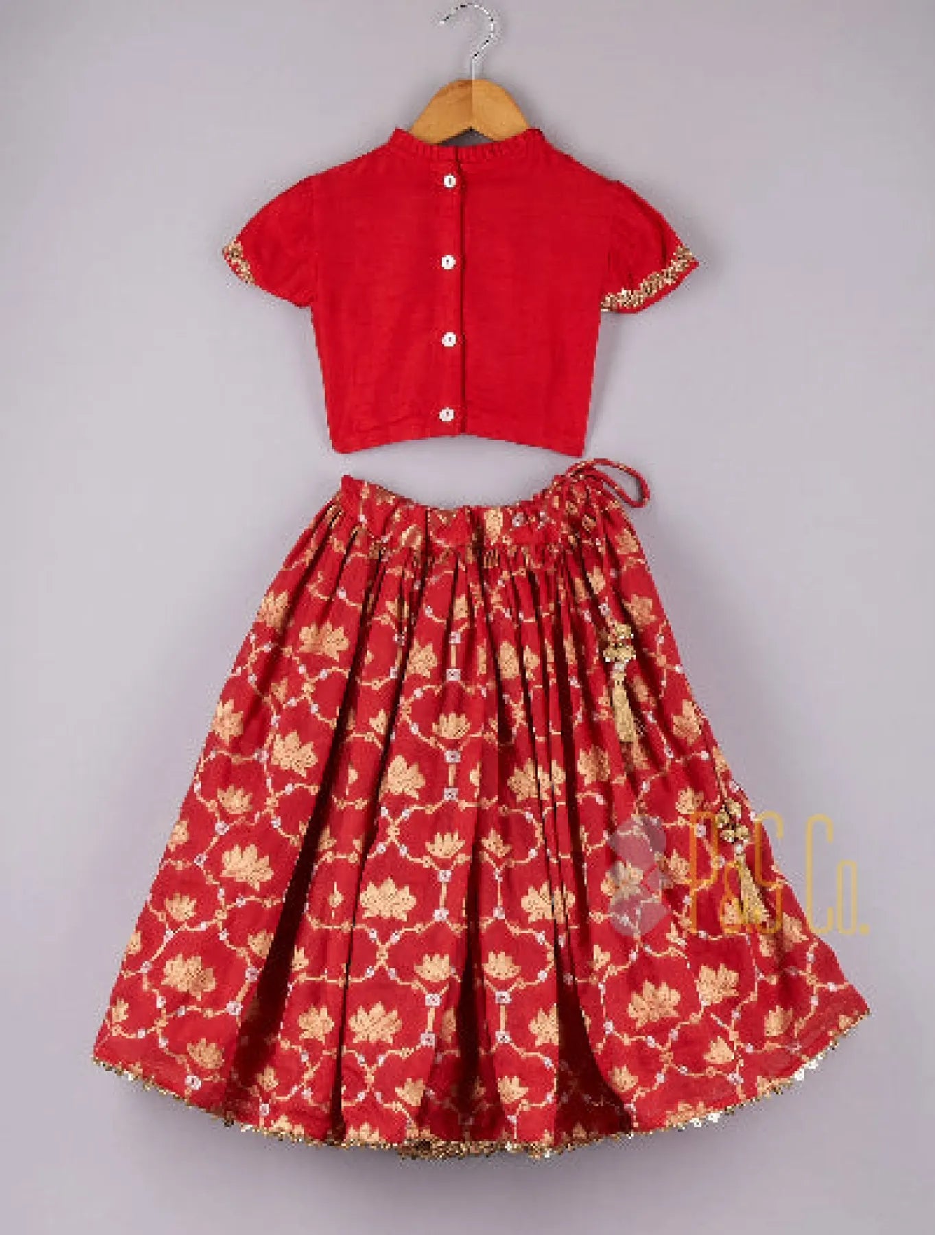 Zari And Sequin Work Elegant Red Top With Lotus Brocade Printed Lehenga
