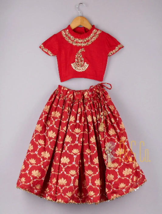 Zari And Sequin Work Elegant Red Top With Lotus Brocade Printed Lehenga