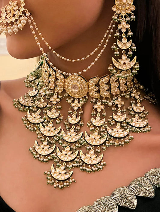 DEVYANI SP White & Green Stone with Basra Moti Necklace & EARRINGSSs