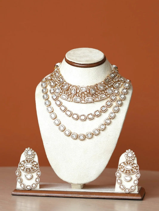 ARUNA BIG SMALL MIX POLKI UNEVEN CHOKER AND TWO LINE SET WITH MAANGTIKKA AND EARRINGSSS