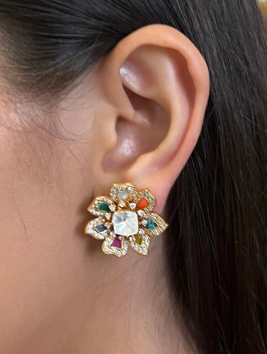 BANSI Round Shaped Red SP Stone Polki EARRINGSSs