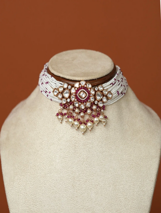 AMBIKA CHOKER WITH SEMI PRECIOUS RED STONES AND FAUX POLKI WITH PEARLS