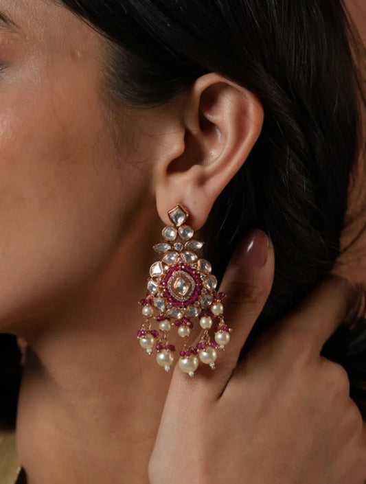 HEAVY RED SEMI PRECIOUS STONE AND KUNDAN JADAU MOTI EARRINGSSS