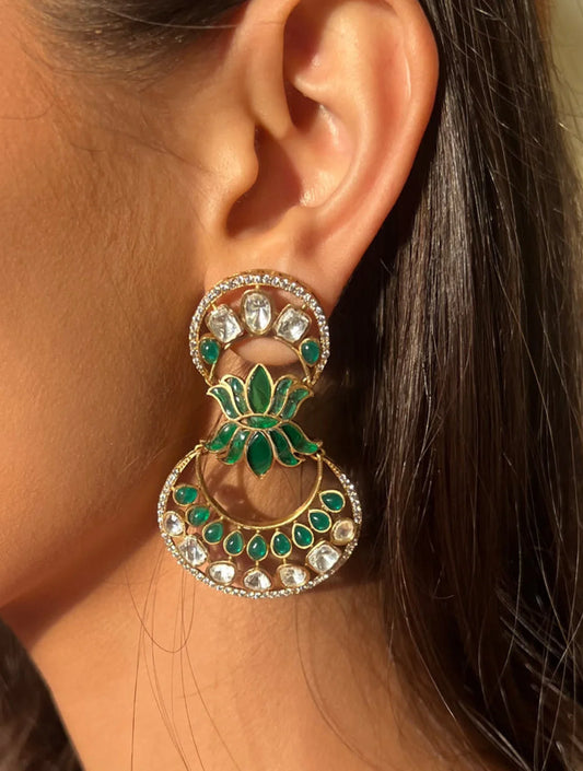 BANSARI SP Green Emerald Long Polki EARRINGSSs