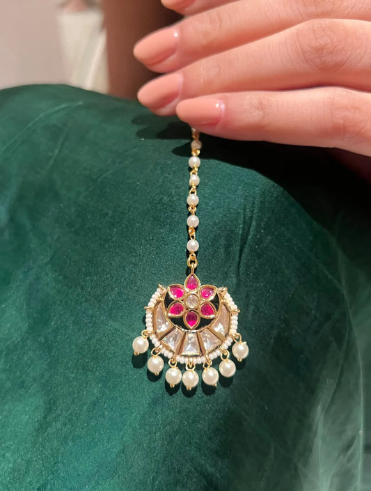 Aabha Half Moon Red SP Stone Jadau Mang Tikka