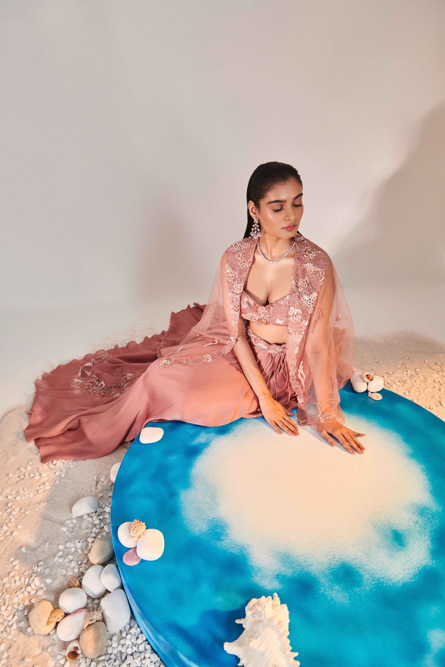 Salmon Pink Cutwork Blouse Applique Lehenga