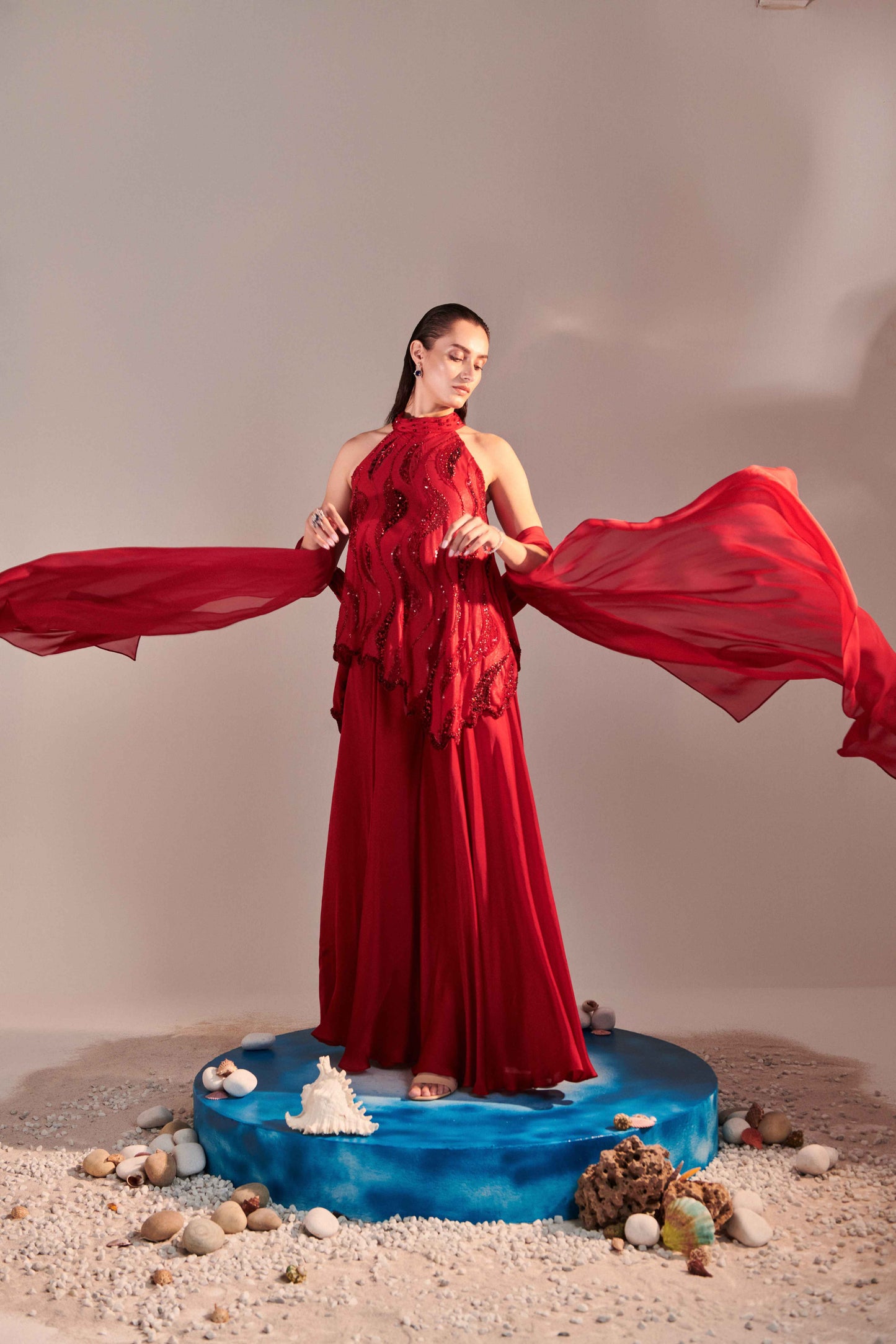 Scarlet Red Cutwork Asymmetric Tunic Sharara Set