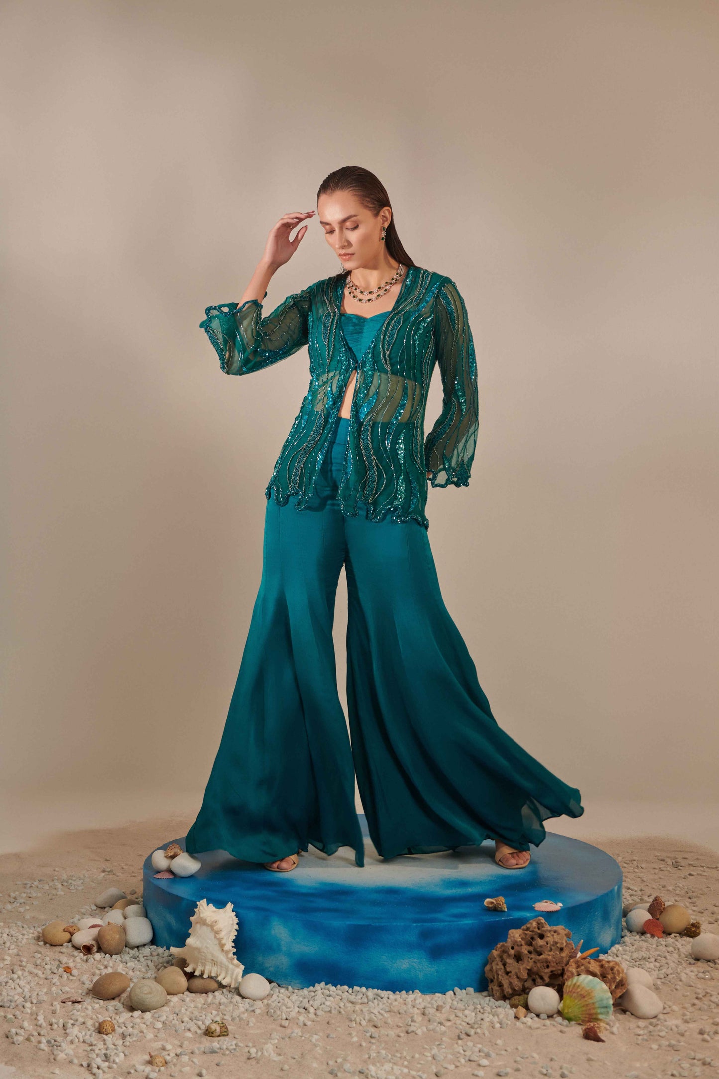 Teal Cutwork Tulle Jacket, Kalidar Sharara