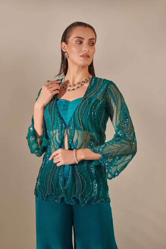 Teal Cutwork Tulle Jacket, Kalidar Sharara