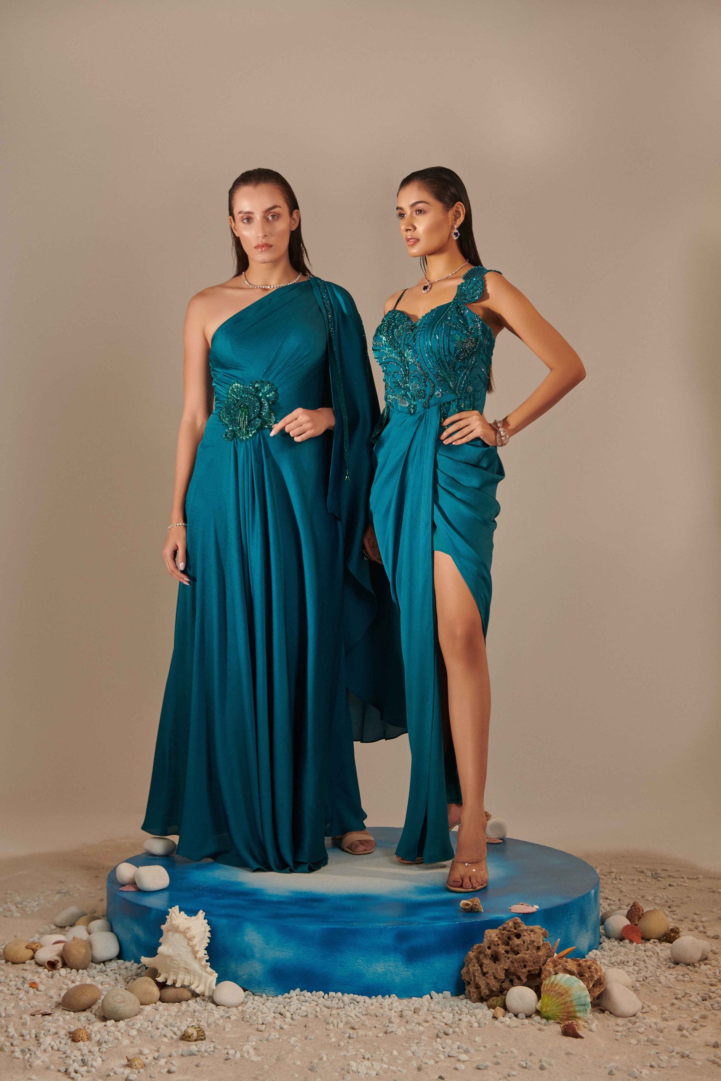 Teal Drape Gown Hand Embroidered