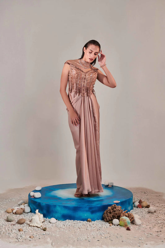 Nudish Pink Gradient Hand Embroidered Cutwork Detail Drape Gown