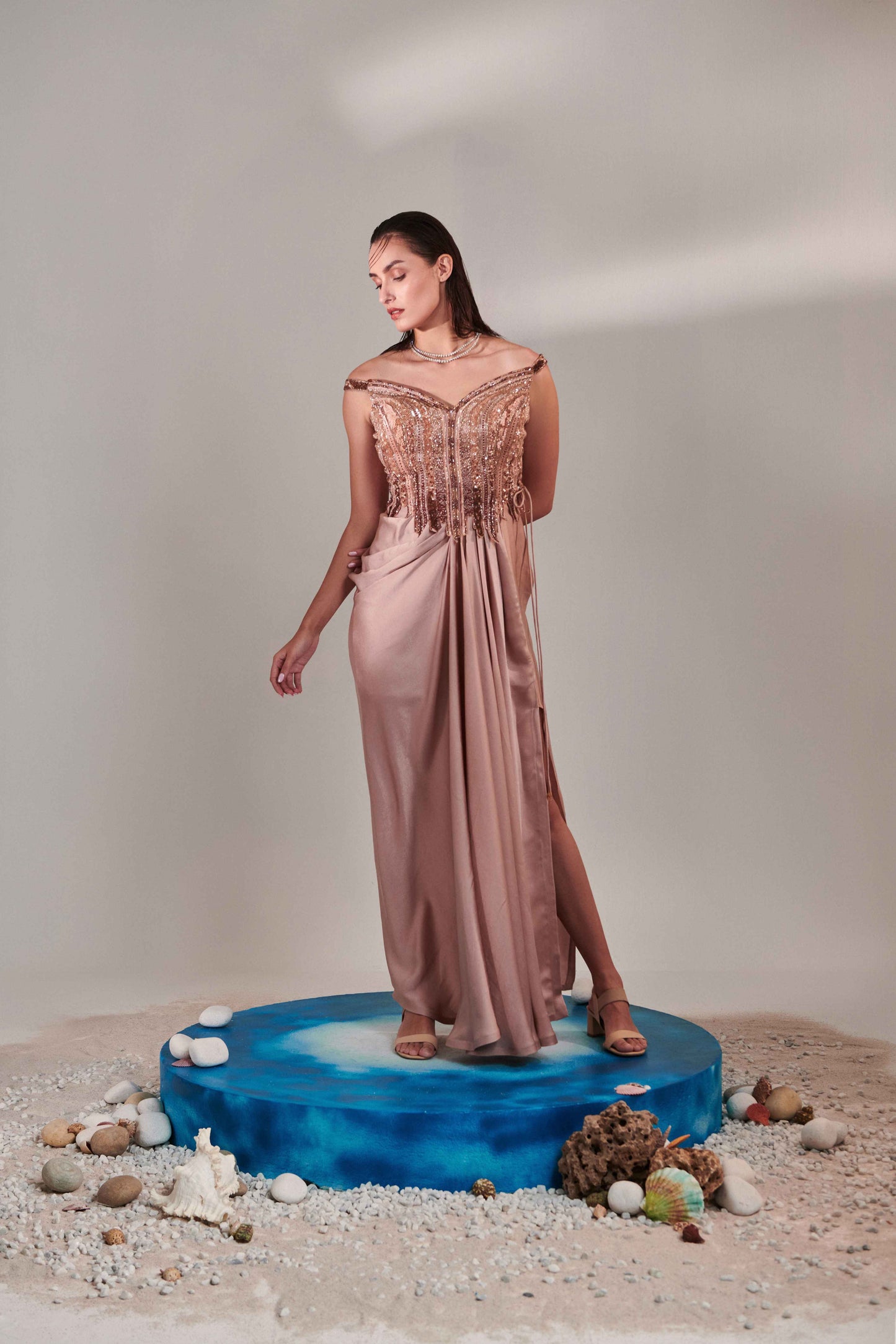 Nudish Pink Gradient Hand Embroidered Cutwork Detail Drape Gown