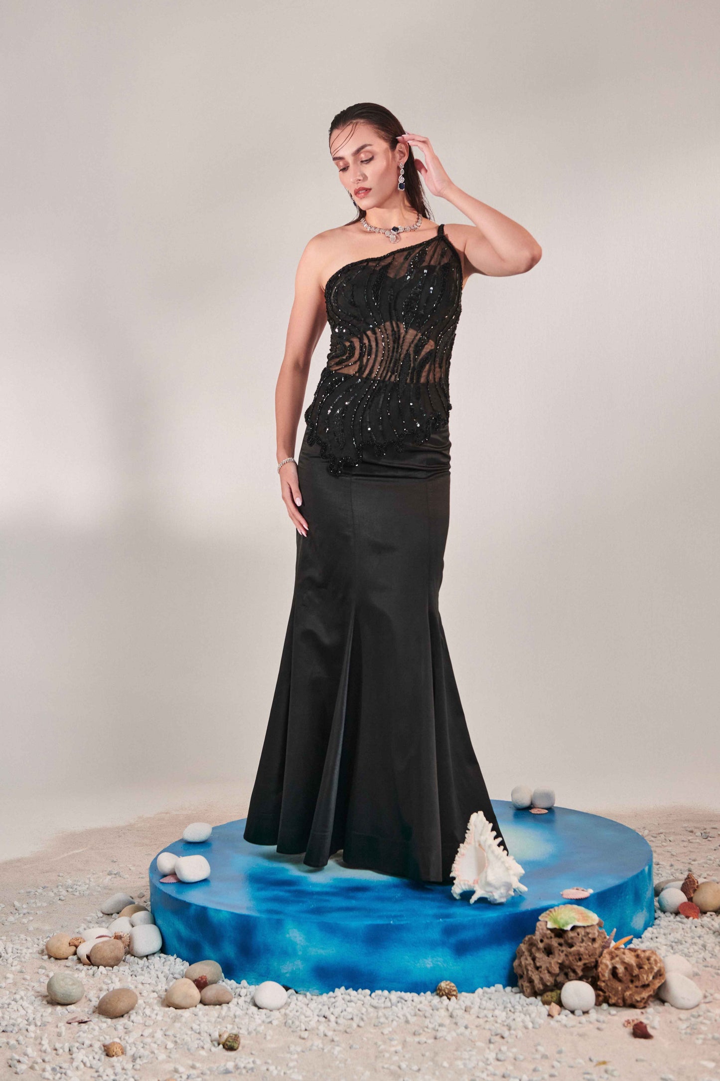 Hand Embroidered Callop On Shoulder Corset Fit Top Bustier And Kalidar Fitted Skirt
