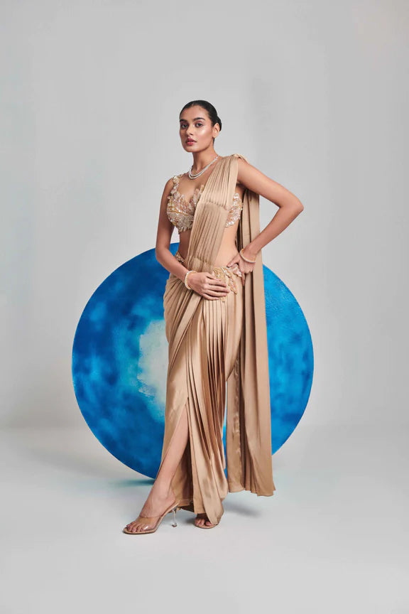 Champagne Gold Pre Stitch , Hand Pleated Drape Saree Set