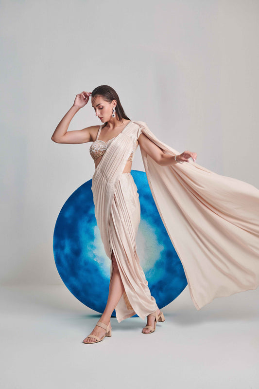 Ivory Metallic Foil Hand Pleated Saree