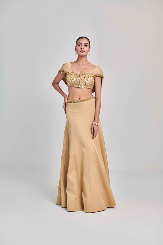 Golden Cowl Sleeves And Cutwork Blouse Kalidar Skirt Set