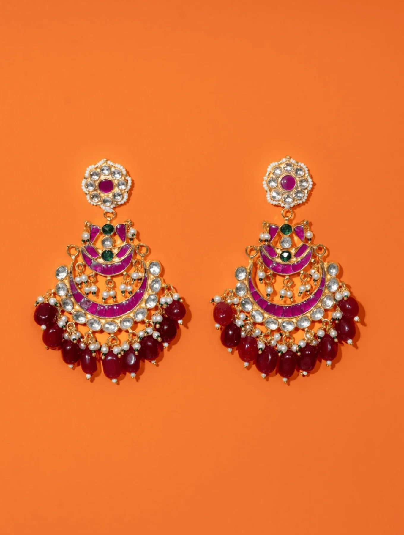VRINDA POLKI WITH MAROON SEMI-PRECIOUS STONE WITH BASRA MOTI
