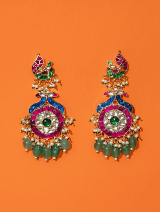 VEIDAHI MULTICOLORED POLKI WITH SEMI-PRECIOUS STONE WITH BASRA MOTI