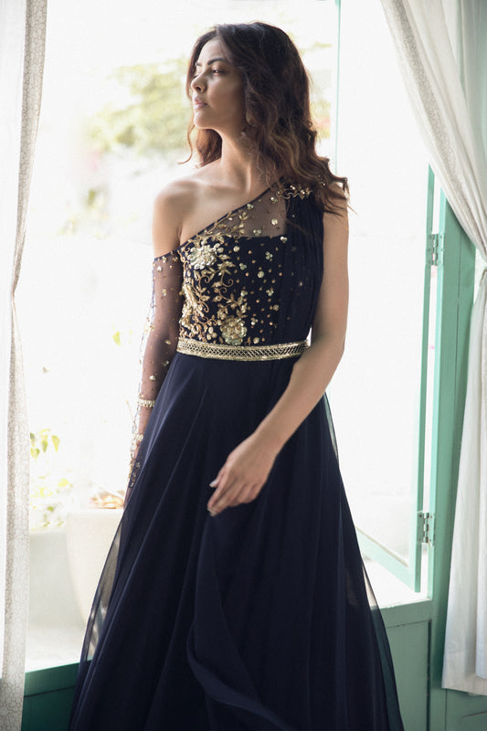 MIDNIGHT BLUE ONE SHOULDER GOWN WITH ATTACHED DUPATTA