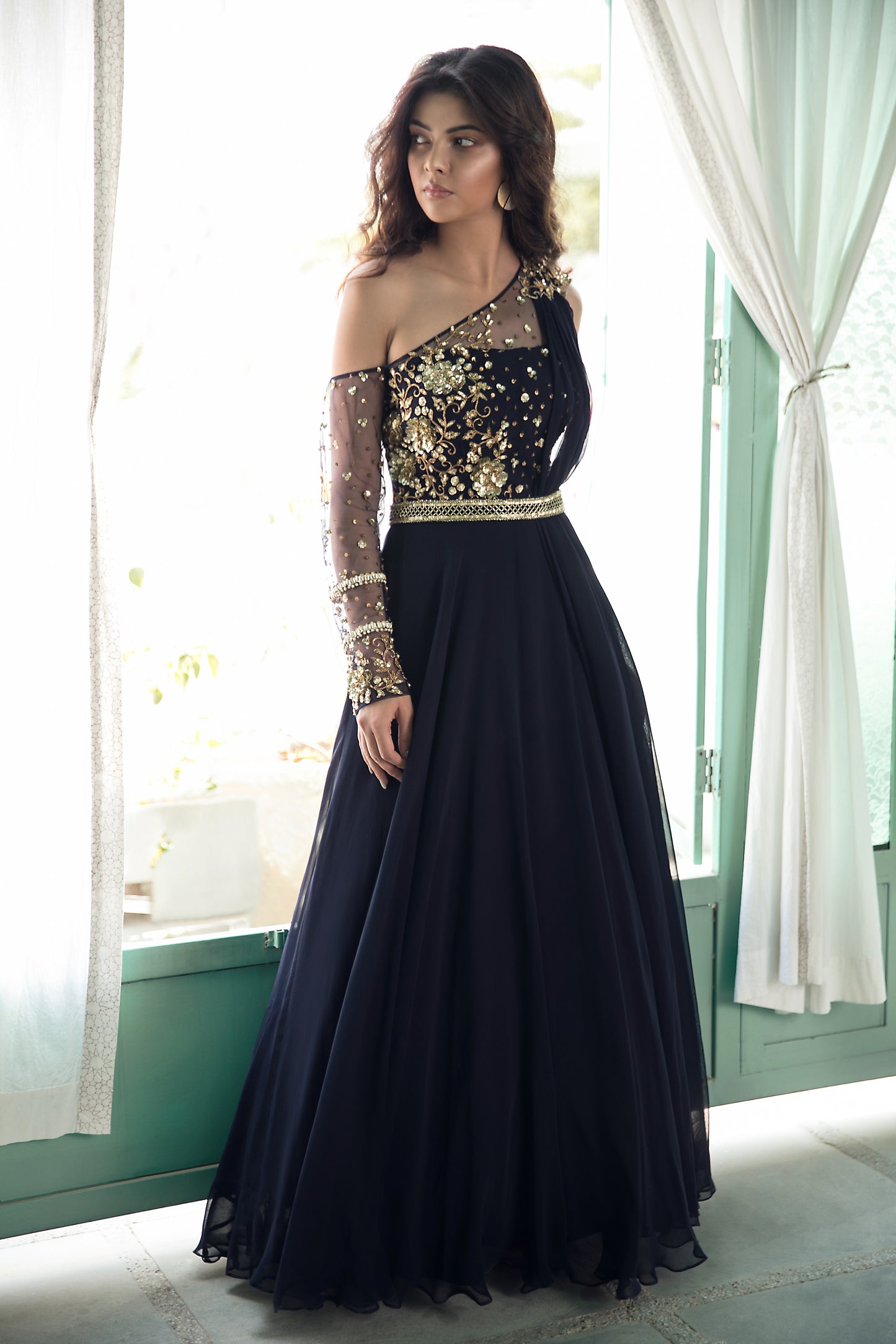 MIDNIGHT BLUE ONE SHOULDER GOWN WITH ATTACHED DUPATTA