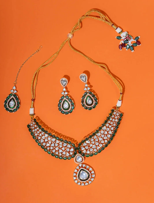 GREEN BACKSETTING FAUX POLKI NECKLACE WITH EARRINGSSS