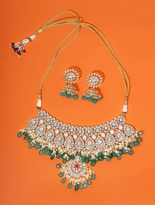 GREEN FAUX POLKI NECKLACE WITH EARRINGSSS SET