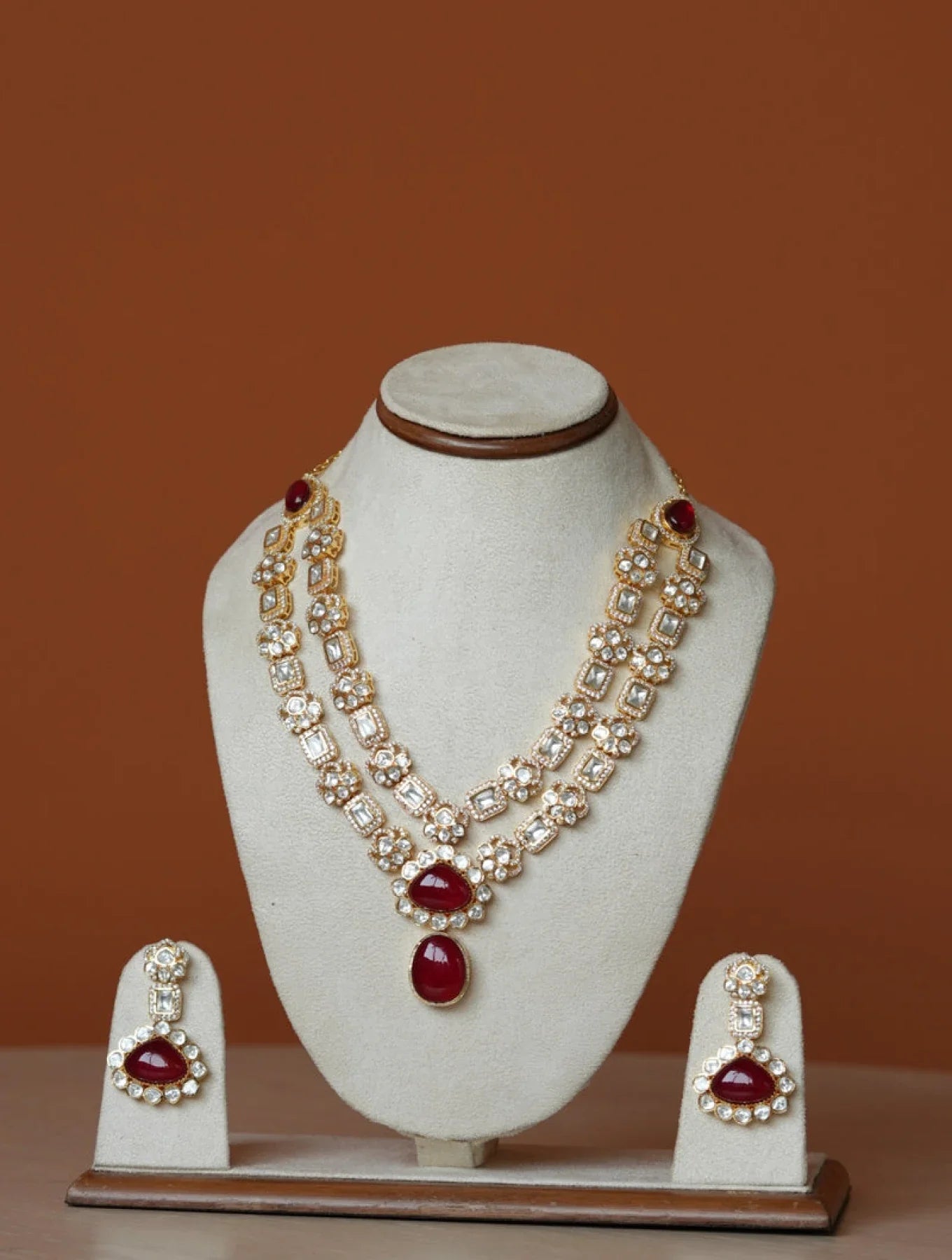 SIMPY BRIDAL FAUX POLKI DOUBLE LAYER NECKLACE WITH SEMI PRECIOUS RUBY STONE AND HEAVY EARRINGSSS