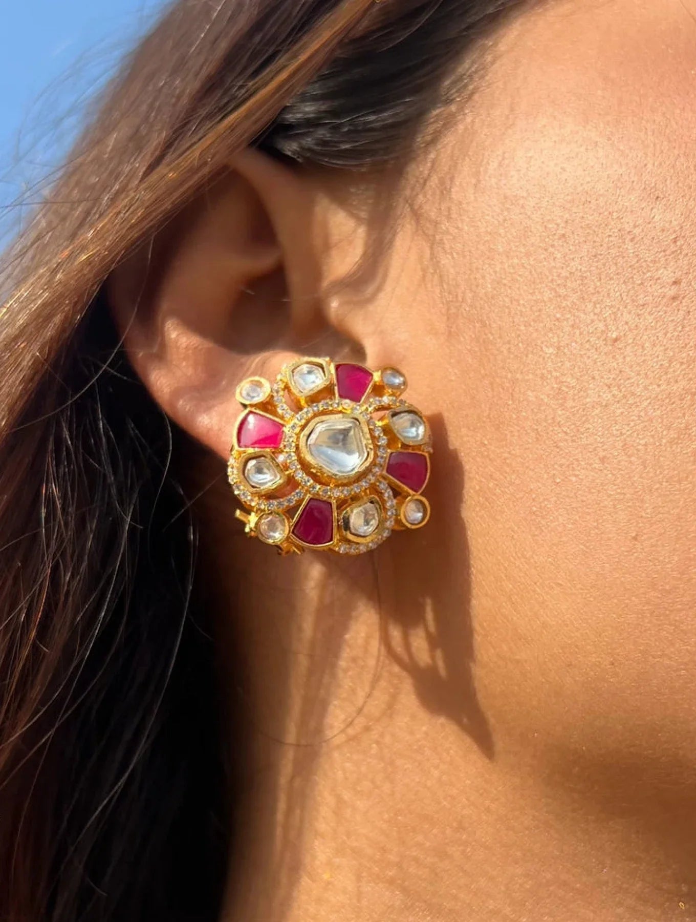 AARADHYA WHITE AND RED CHAKRA POLKI EARRINGSSS WITH SEMI-PRECIOUS STONE WITH BASRA MOTI