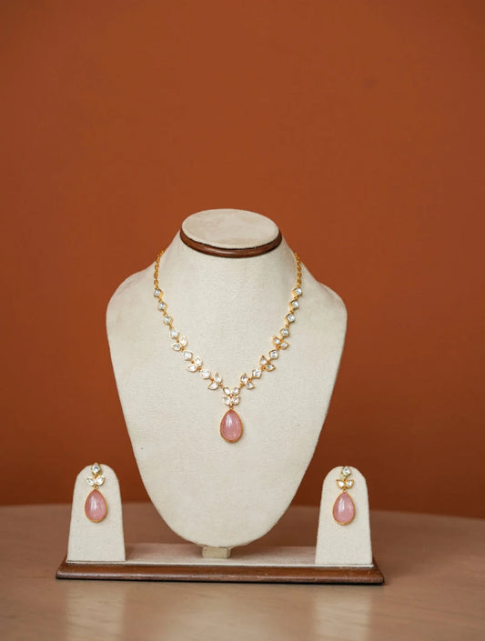 ADITI SEMI PRECIOUS QUARTZ STONE LONG FAUX POLKI NECKLACE SET WITH EARRINGSSS