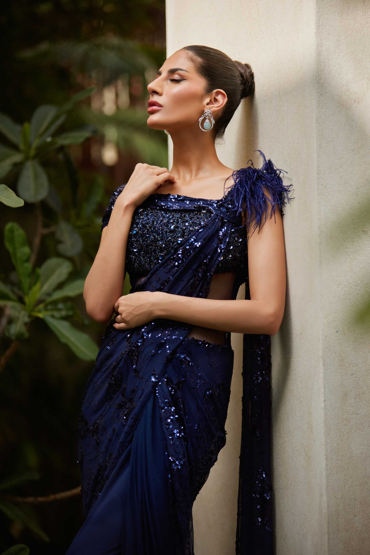 Midnight Blue Feathered Saree - One piece