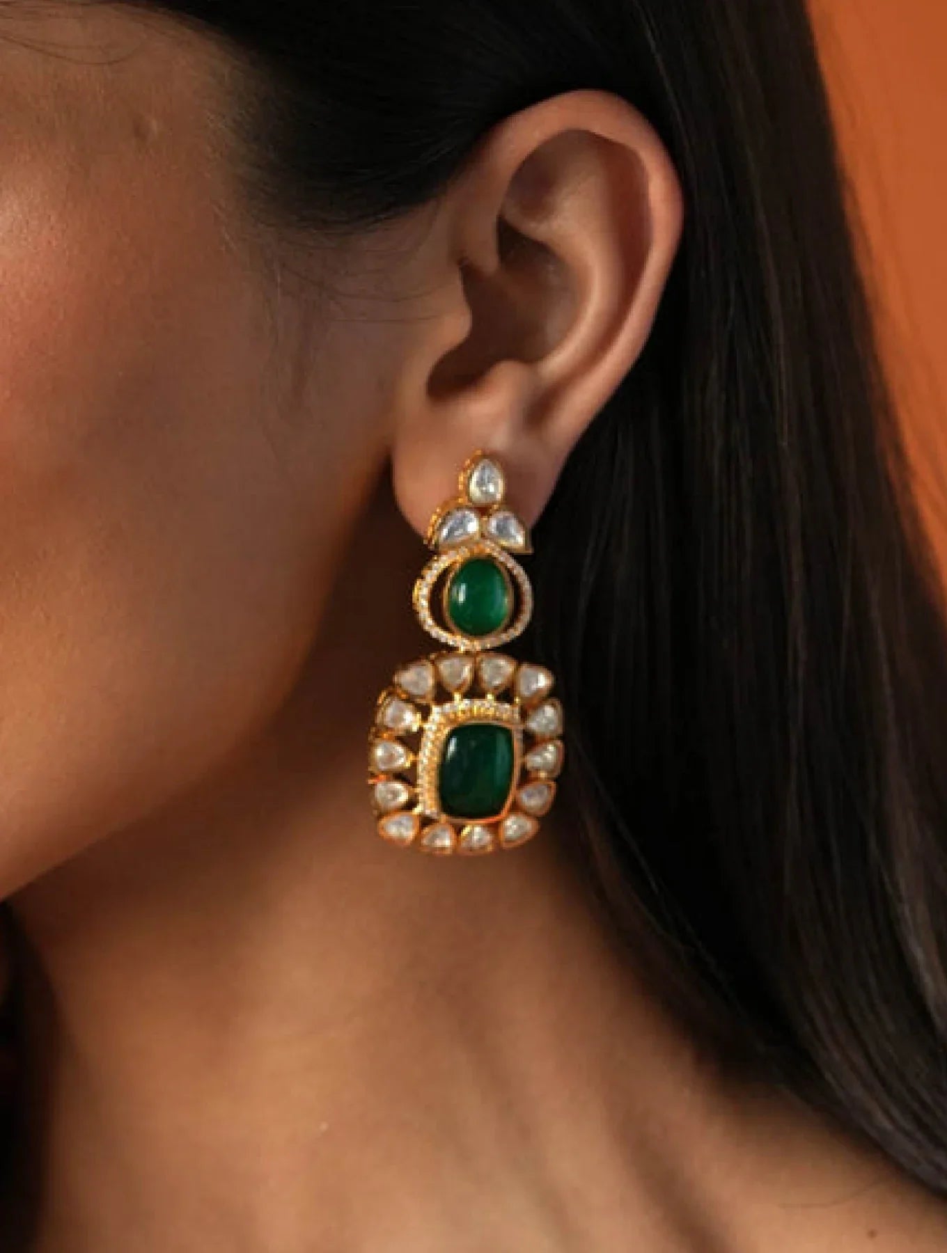 SUNITA GREEN SEMI PRECIOUS STONE AND POLKI EARRINGSSS