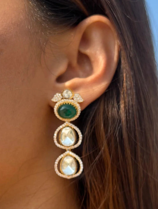 AWARA GREEN AND WHITE POLKI EARRINGSSS WITH SEMI-PRECIOUS STONE WITH BASRA MOTI