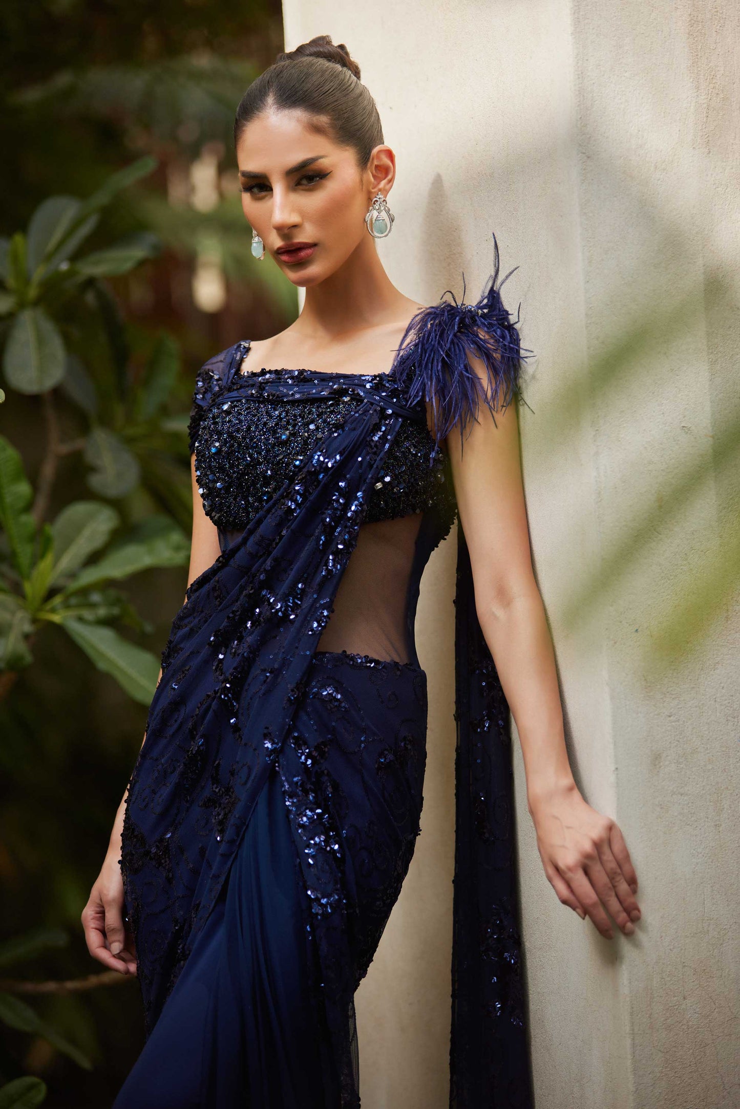 Midnight Blue Feathered Saree - One piece