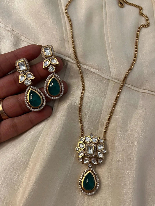 TIYA SEMI PRECIOUS SQUARE LONG FAUX POLKI NECKLACE SET WITH EARRINGSSS