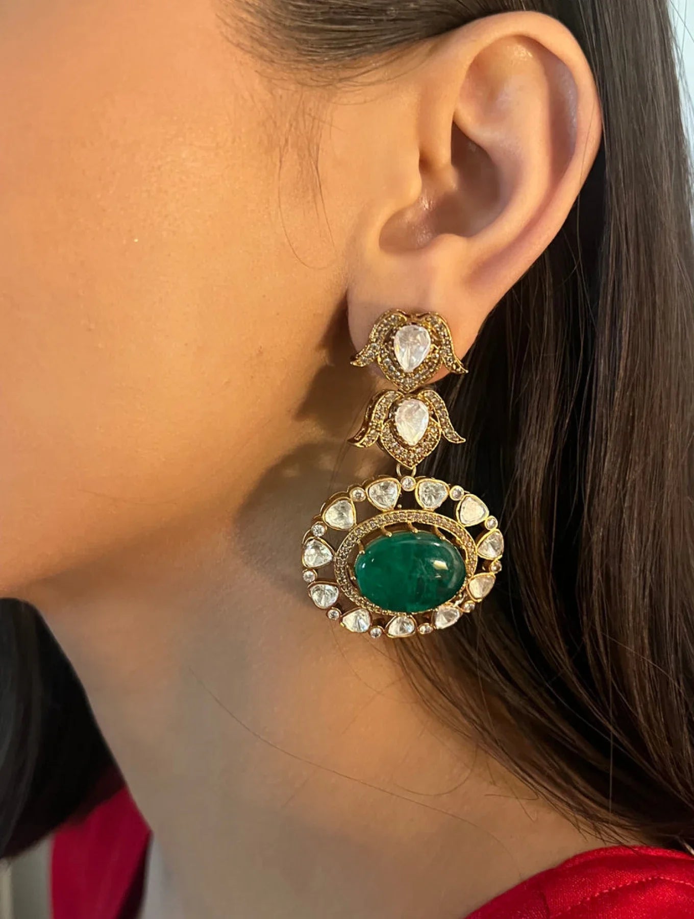 PARUL COCKTAIL REAL MOISSANITE EARRINGSS WITH BIG SEMI PRECIOUS GREEN STONE