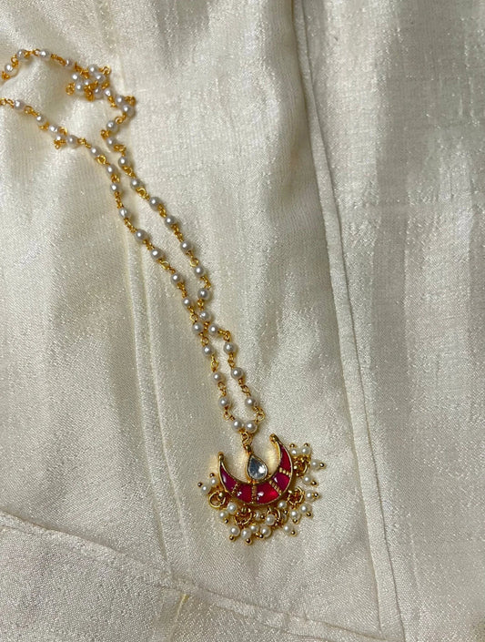 CHANDINI HALF MOON POLKI WITH SEMI-PRECIOUS STONE WITH BASRA MOTI