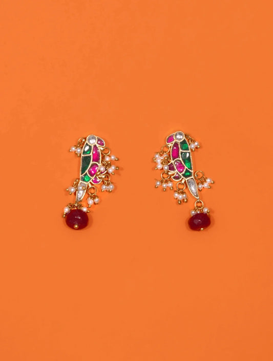 VRUNDA MULTICOLORED MAYNA SHAPED POLKI WITH SEMI-PRECIOUS STONE WITH BASRA MOTI