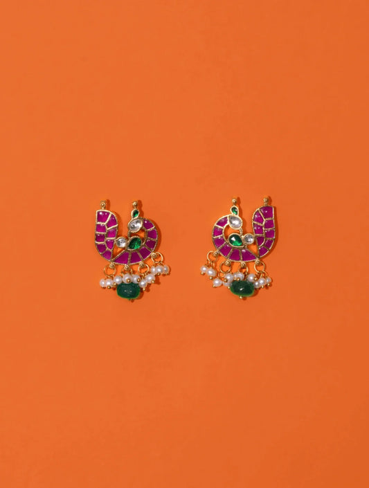 BHAGAVATI MOR SHAPED POLKI WITH SEMI-PRECIOUS STONE WITH BASRA MOTI