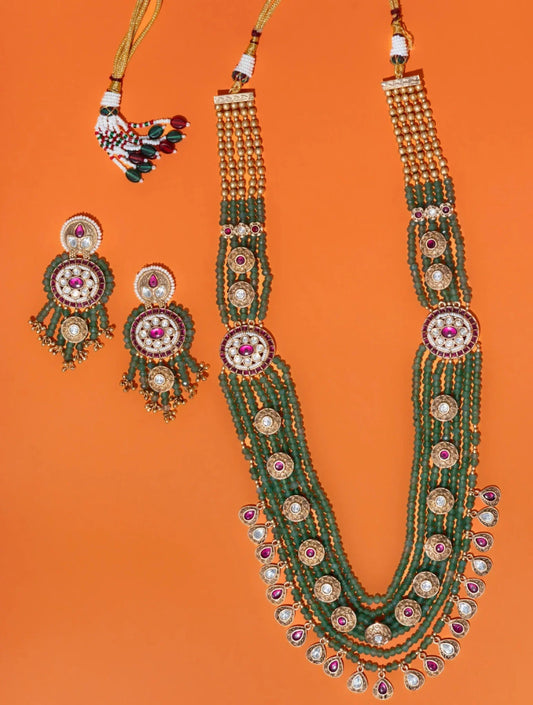 FAUX POLKI & SEMI PRECIOUS STONES PENDANT ON GREEN MALA SET WITH EARRINGSSS