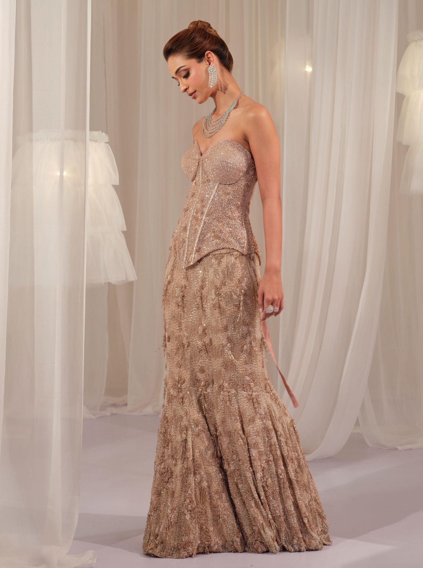Champagne Peach Corset With Fishcut Lehenga