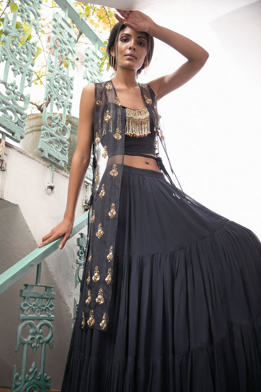 CHARCOAL GREY TIERED LEHENGA WITH EMBROIDERED CAPE SET